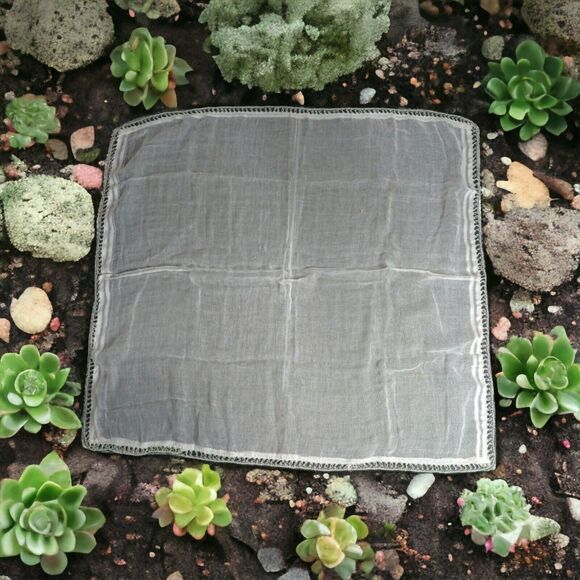 VINTAGE White Muslin Scarf with Green Beaded Trim – Handkerchief 26.5” x 26.5” - Picture 1 of 11